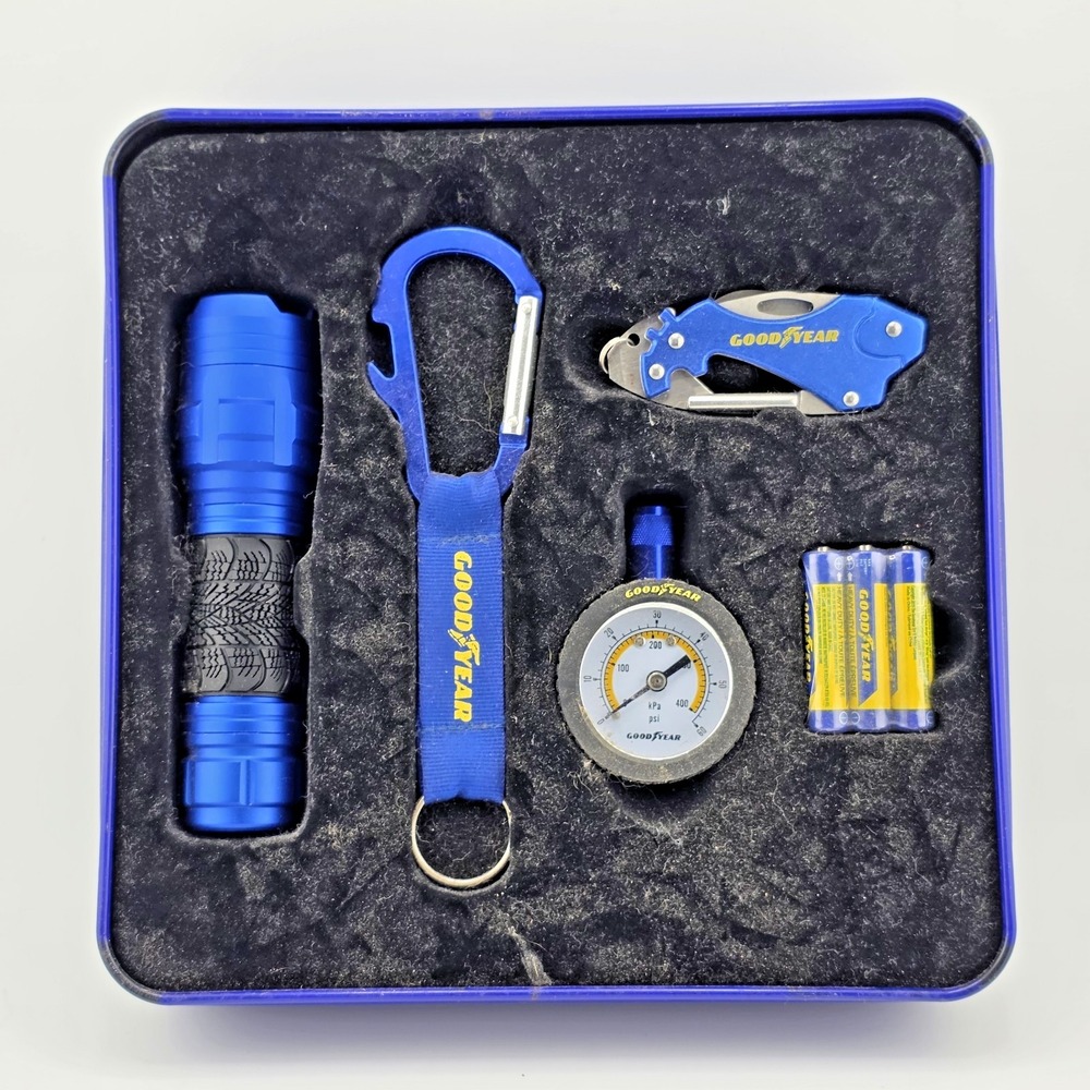 Goodyear Road Ready Kit Storage Tin Tire Gauge Flash Light Keychain Multi-Tool